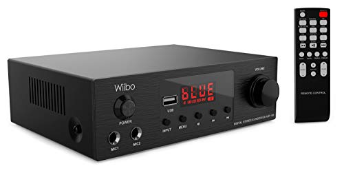 Wiibo 10181218 Amp 100 - Amplificador HiFi - Conexión Bluetooth - Entrada USB - Respuesta Lineal - Potencia 50W + 50W - 2 Entradas de Micrófono - Pantalla LED - Mando a Distancia - Equipo de Sonido