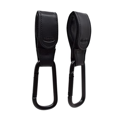 Prolyr Gancho aluminio silla paseo carro bebé estilo piel - 2 pack, Cuelga bolsas, bolsos o mochilas, Ajuste universal e Instalación en segundos, Multiusos, 3 opciones color. (Negro)