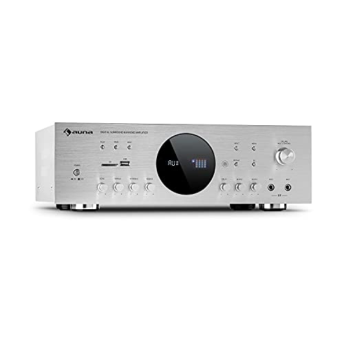 Auna AMP Amplificador - Amplificador estéreo HiFi para Radio, Karaoke o Home Cinema, Puertos para USB y SD, frecuencia: 20 Hz hasta 20.000 Hz, 43 x 14,5 x 30,5 cm, Plateado