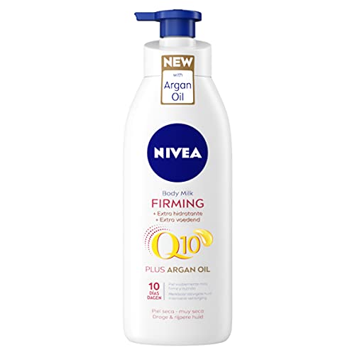 NIVEA Q10 Aceite de Argán Body Milk hidratante Reafirmante + Hidratante (1 x 400 ml), loción corporal para reafirmar la piel y mejorar su elasticidad en 10 días