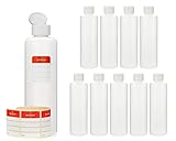 Octopus 10 Botellas de plástico 250 ml, Botellas de plástico de HDPE con Tapones abatibles Blanco, Botellas vacías con Tapa abatible Blanco, Botellas Redondas con Etiquetas para marcar