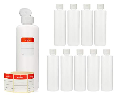 Octopus 10 Botellas de plástico 250 ml, Botellas de plástico de HDPE con Tapones abatibles Blanco, Botellas vacías con Tapa abatible Blanco, Botellas Redondas con Etiquetas para marcar