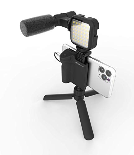 DigiPower Kit de Vlogging Follow Me con luz LED de vídeo + micrófono + Soporte para teléfono móvil + Mini trípode Compatible con Smartphones TikTok, Youtube, Streaming en Directo y reuniones