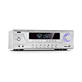 Auna AMP 3800 BT 5.0 - Amplificador HiFi, 2 x 120 W + 3 x 50 W RMS, Bluetooth, Puerto USB, Ranura SD, 2 Conectores de micrófono, Entrada de DVD estéreo, Salida de línea, Plateado