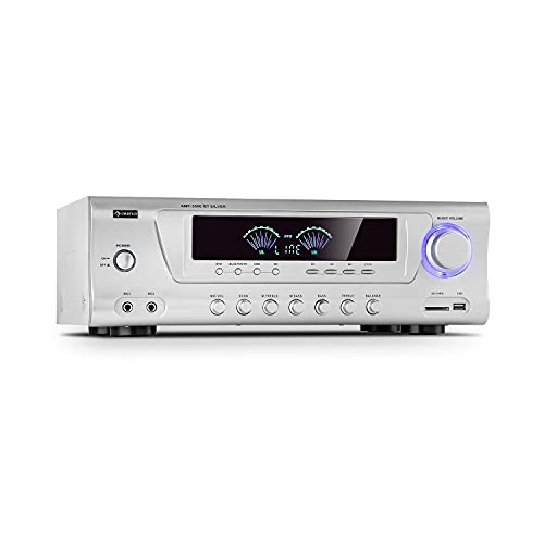 Auna AMP 3800 BT 5.0 - Amplificador HiFi, 2 x 120 W + 3 x 50 W RMS, Bluetooth, Puerto USB, Ranura SD, 2 Conectores de micrófono, Entrada de DVD estéreo, Salida de línea, Plateado