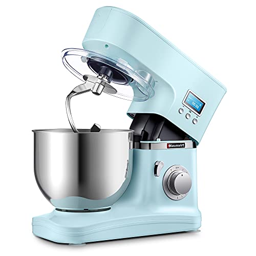 Batidora Amasadora, Hauswirt LCD de Robot de Cocina de 8 velocidades + P con tazón de 5L, gancho para masa, batidor y batidor, accesorios opcionales, 1000 W, Azul