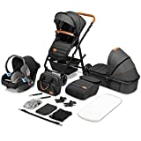LIONELO Amber Coche de bebé multifuncional 3 en 1 Conjunto silla de paseo con el Asiento de Cubo e Capazo Manillar regulable Bolsa Mosquitero Protector de lluvia Asiento de coche (Gris oscuro)
