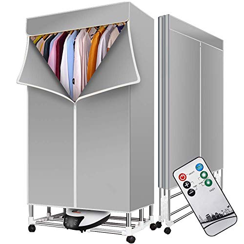 Anbull Secadora de Ropa Portátil 2300W，Secadora Plegable Silencioso de Gran Capacidad de 50 kg, Secador de Armario de iones Negativos con Control Remoto/240min Temporizador Automático (Gris)