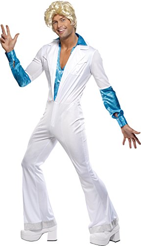 Smiffys-33346L Hombre Disco, Todo es un Solo Disfraz, Enterizo con Camisa unida, Estilo de los 70, Color Blanco, L-Tamaño 42"-44" (33346L)