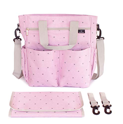 minki micos, Bolso para Carrito de Bebé Rosa, Bolso Cambiador para Cochecito, Cambiador a Juego, Ganchos Universales y Correa Acolchada para el Hombro