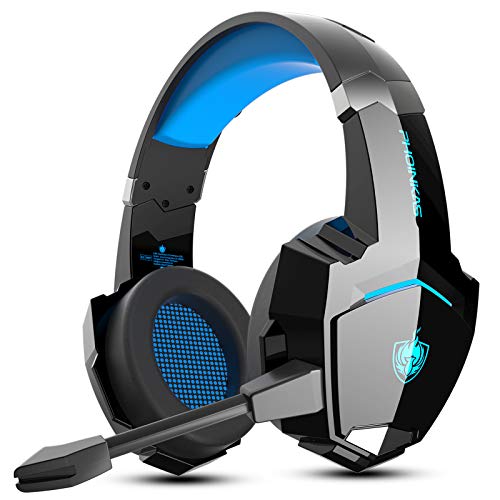 Wired Auriculares PS4, PHOINIKAS Gaming Kopfhörer für Xbox One, PC, Versión Mejorada Auriculares inalámbricos con Sonido Envolvente de Graves 7.1, Noise Cancelling-Mik, LED Licht - Blue