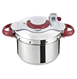 Tefal Clipso Minut Perfect - Olla a Presión de 7.5L de Acero Inoxidable Roja con 5 sistemas de seguridad y cierre fácil con una sola mano con cestillo Vapor Integrado, diámetro de 24 cm