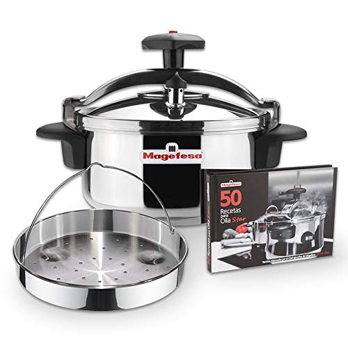 MAGEFESA STAR Olla a presión rápida. Pack exclusivo Olla+Cestillo+Libro de recetas. Fácil uso, acero inoxidable 18/10, apta para todo tipo de cocinas, incluido inducción, 3 sistemas de seguridad. (4L)