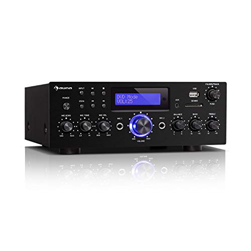 auna AMP-5 BT – Amplificador HiFi, Bluetooth, Potencia de Salida: 2 x 50 W RMS, USB / SD, Entrada AUX, DVD y CD, 2 Conectores de micrófono, Salida de grabación, Pantalla LED, Mando a Distancia, Negro