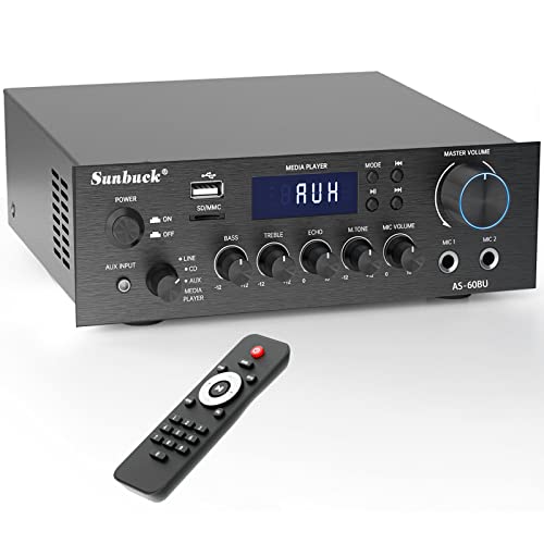 Amplificador Audio HiFi Bluetooth, 2 Canales Equipo de Musica para Casa Altavoces HiFi, Amplificador Home Cinema RCA, USB, SD, Radio FM, Control Remoto