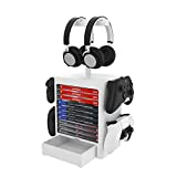RIXOW Soporte Multifuncional de Almacenamiento de Juegos, Rack de Almacenamiento en Disco de 10 Juegos con Cajón, Soporte para Controlador Auricular Compatible con PS5 PS4 Xbox Series, Gris Claro
