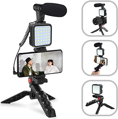 Tuo3eu Smartphone Video Kit, Kit de Vlogger de Vídeo Micrófono con luz LED, Soporte para teléfono, trípode Compatible con iPhone, Samsung, Huawei, Android, para Youtube, TikTok, Filmación, Vlogging