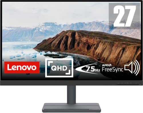 Lenovo L27q-35 - Monitor Gaming de 27" con Eyesafe (2K QHD, VA, 75Hz, 4ms, HDMI+DP, Cable HDMI, FreeSync, Base Metálica con Altavoces y Soporte para teléfono) Ajuste de inclinación - Negro