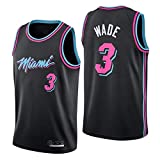 Shelfin - Camiseta de baloncesto de la NBA de Miami Heat del número 3 Wade, transpirable, grabada, color Negro D, tamaño X-Large