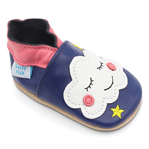 Dotty Fish Zapatos de Cuero Suave para bebés. Antideslizante. Azul con Nube Blanca. 6-12 Meses (19 EU)