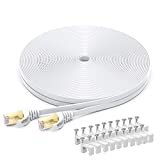 Cable Ethernet Cat7 de 15M, BUSOHE Cable de Red Plano RJ45 Gigabit LAN de Alta Velocidad, Cable de Conexión a Internet de 10Gbps y 600Mhz para Switch, Rúter, Módem, Panel de Conexión, PC (Blanco)