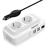 Inversor de Corriente 200W 12V a 220V BESTEK Transformador Convertidor Portátil para Viaje con 4 Salidas USB, 2 AC Tomas (con Mechero de Coche), Convertidor Onda Modificada con Protección, Blanco