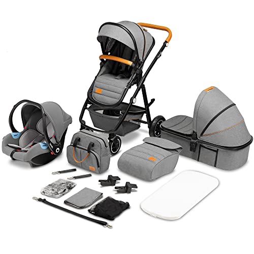 LIONELO Amber Coche de bebé multifuncional 3 en 1 Conjunto silla de paseo con el Asiento de Cubo e Capazo Manillar regulable Bolsa Mosquitero Protector de lluvia Asiento de coche (gris)