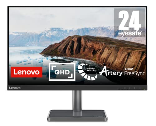 Lenovo L24q-35 - Monitor Gaming de 23.8" con Eyesafe (2K QHD, IPS, 75Hz, 4 ms, HDMI+DP, Cable HDMI, FreeSync, Base Metálica con Altavoces y Soporte para teléfono) Ajuste de inclinación - Negro