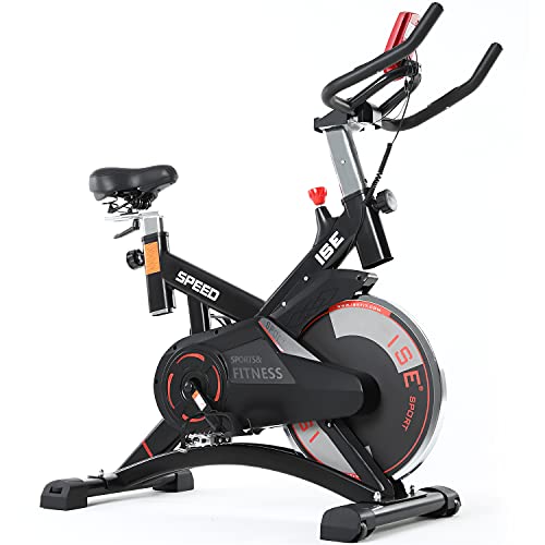 ISE Bicicleta Estática de Profesional con Sensor de Pulso,Ajustable Resistencia, Pantalla, Bicicleta Fitness de Gimnasio Ejercicio con Volante de Inercia,Sillín Ajustable, Máx.120kg,SY-7005-1