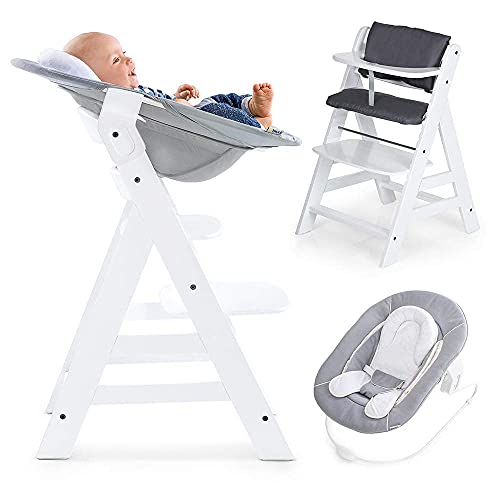 Hauck Alpha Plus Newborn Set - Trona evolutiva madera con cojín y arnés - Hamaca trona bebe reclinable- Tronas de bebe - Silla bebe madera - Trona convertible - Blanco