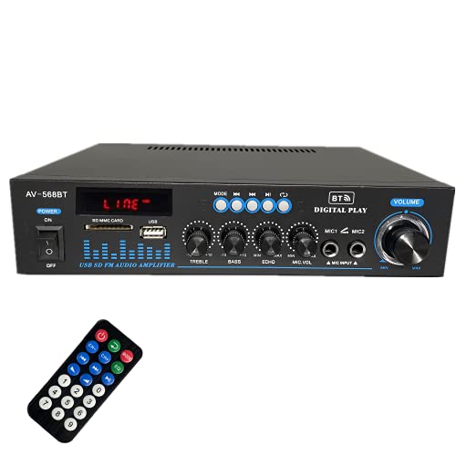 Amplificador HiFi 180W X 2, Bluetooth 2.0 Canales Audio Equipos de Musica, SD Card/USB Input/ FM Radio, para PC, TV, Amplificador Coche, casa Altavoz, subwoofer BT 12v 220V