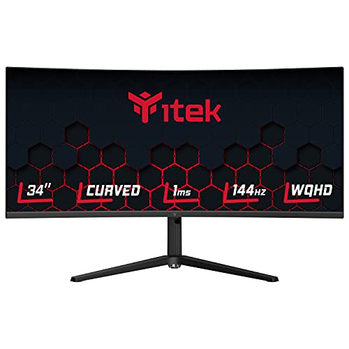 Itek Monitor Gaming GGC, Curvo (1500R) 34", 3440 x 1440 (Ultra WQHD) 21:9, HDR400, VA, 144Hz, 1ms, FreeSync, G-Sync, HDMI, Display Port, Audio, Led Rojos, Altura Ajustable, Negro