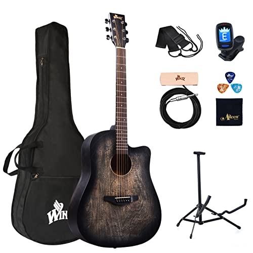 Winzz 41 Pulgadas Guitarra Acústica Full Size Vintage Grabado, Principiantes Guitarra Folk con Bolsa Acolchada, Soporte de Guitarra, Afinador, Pastilla, Correa, Púas