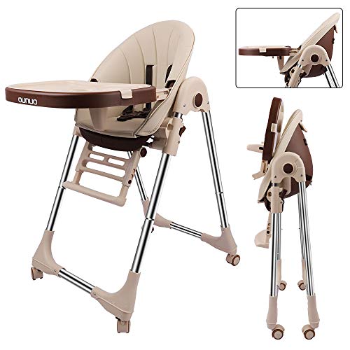 OUNUO Trona Bebé Ajustable, Trona para Bebe Evolutiva, Trona para Bebes Reclinable, Ajustable y Plegable con 4 ruedas, Segura, Cojín Bebé Confort, De 6 a 36 meses