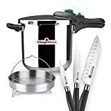 Olla a presión MAGEFESA DYNAMIC súper rápida de fácil uso, acero inoxidable 18/10, apta para todo tipo de cocinas, incluido inducción. Pack exclusivo Olla+Cestillo+Cuchillos (6 LITROS + 3 CUCHILLOS)
