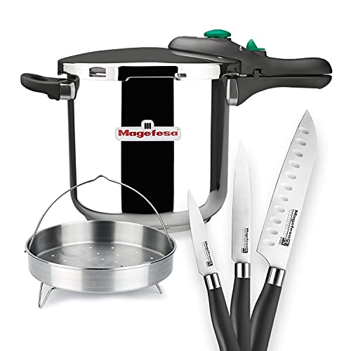 Olla a presión MAGEFESA DYNAMIC súper rápida de fácil uso, acero inoxidable 18/10, apta para todo tipo de cocinas, incluido inducción. Pack exclusivo Olla+Cestillo+Cuchillos (6 LITROS + 3 CUCHILLOS)
