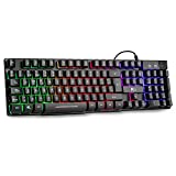 Rii RK100+ Novedoso Teclado USB Retroiluminado,Colores Rainbow y Panel metálico Resistente,Alta sensibilidad Ideal para Jugar, QWERTY con Layout Español Teclado espandido.