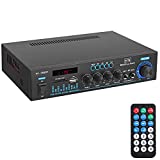 Amplificador Audio Estéreo de Potencia Bluetooth Amplificador de Audio HiFi Permite 2 Canales Entrada RCA / MP3 / USB / SD / Pantalla LED, 2 Micrófonos Radio FM Amplificador para Hogar Karaoke Bar