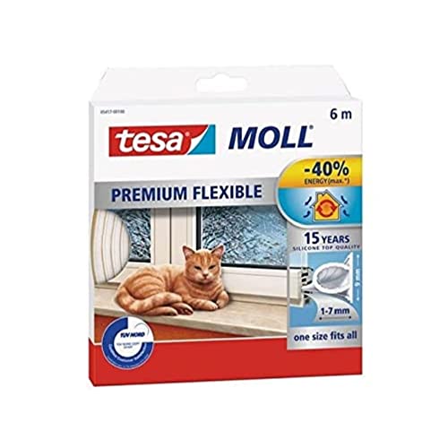 tesamoll Silicona PREMIUM FLEXIBLE , Tira de Silicona Adhesiva para Sellar Brechas de Ventanas y Puertas , Blanco , 6 m x 8 mm x 1-7 mm