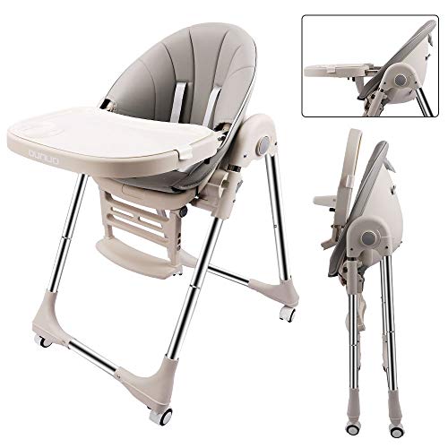 OUNUO Trona para Bebe Evolutiva, Trona para bebés con bandeja extraíble, Ajustable y Plegable con 4 ruedas, crece con el niño 0 meses - 6 años，Segura-Gris