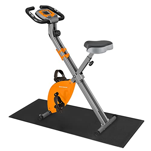 SONGMICS Bicicleta Estática, Bicicleta Plegable, 8 Niveles de Resistencia Magnética, con Alfombrilla, Sensor de Pulso, Soporte Telefónico, 100 kg Máx. Naranja SXB11OG