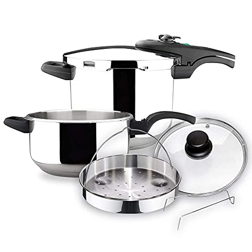 MAGEFESA ATHENAS COMPLET Olla a presión Super rápida de fácil Uso, Acero Inoxidable, Apta para cocinas inducción. Fondo Termo difusor, Pack Exclusivo Olla + CESTILLO + Tapa DE Cristal (4L + 6L)