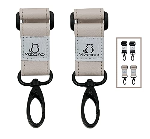 Ganchos Carrito Bebé de Lujo de marca Vizaro - 2 uds - Para Colgar Bolsas, Mochilas, etc - Correa Ecopiel Blanca Abalone Alta Resistencia Hasta 15kg Peso y giro 360º - Argolla Cerrada Elegante