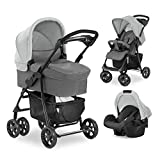 Hauck Shopper Trio Set silla de paseo 3en1 hasta 25 kg + grupo 0+ y capazo de bebé con colchón desde el nacimiento, silla de paseo con respaldo reclinable, portavasos, ligero, plegado pequeño - gris