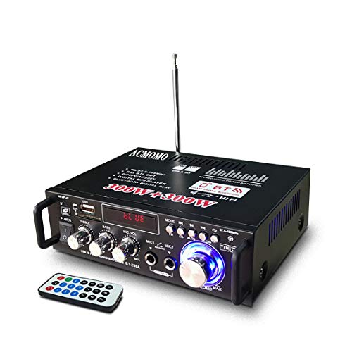 600W Mini Amplificador Audio BT, HiFi Audio Estéreo Amplificador 2CH Pantalla LCD de Alta fidelidad, BT FM Radio Portátil Auto Home 12 V/220V, Mando a Distancia Audio Amplificador