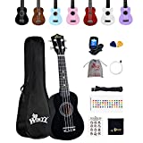 Winzz Ukelele Soprano Starter Kit para Principiante. Incluye: Funda, Afinador, Cuerdas Extra, Correa Ajustable, Púas, Pegatinas de notas, Guía de Acordes y Paño de pulido. Color: Negro