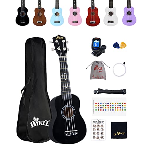Winzz Ukelele Soprano Starter Kit para Principiante. Incluye: Funda, Afinador, Cuerdas Extra, Correa Ajustable, Púas, Pegatinas de notas, Guía de Acordes y Paño de pulido. Color: Negro