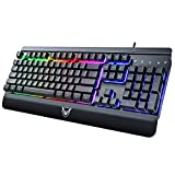 Teclado para Juegos,Teclado Gaming con Panel de Metal Completo Rainbow LED, Controles Multimedia/Ergonómico/Impermeable/Teclas Silenciosas/19 Teclas Anti-Ghosting/Laptop/PS4 con Layout Español