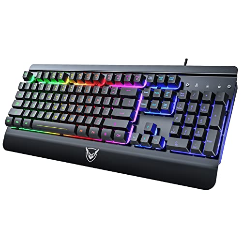 Teclado para Juegos,Teclado Gaming con Panel de Metal Completo Rainbow LED, Controles Multimedia/Ergonómico/Impermeable/Teclas Silenciosas/19 Teclas Anti-Ghosting/Laptop/PS4 con Layout Español