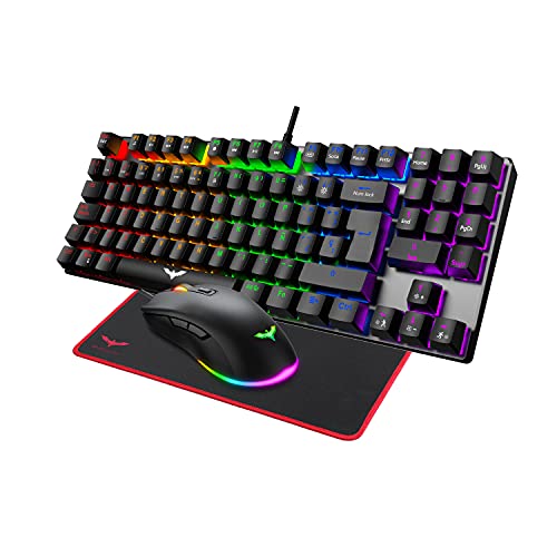 havit Teclado Mecánico Gaming con LED Iluminación, Teclados español Formato 60% con RGB Ratón Gaming programables, Alfombrilla Gaming, para PC, Gaming Netbook.